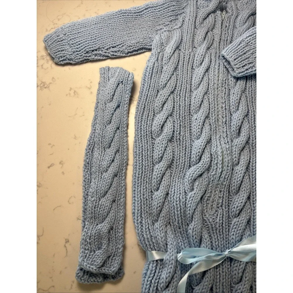 Handknit Baby‎ Sweater Sack Cable Knit Zipper Ribbon Matching Bonnet Boy Blue